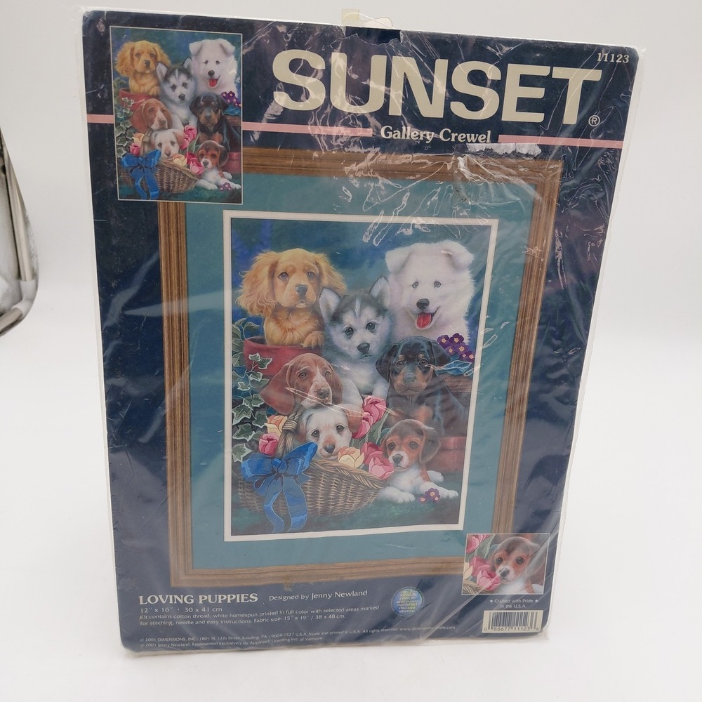 Vtg CREWEL Sunset Dimensions Loving Puppies Kit 12"x16" 11123 Fiber Art‎ Craft